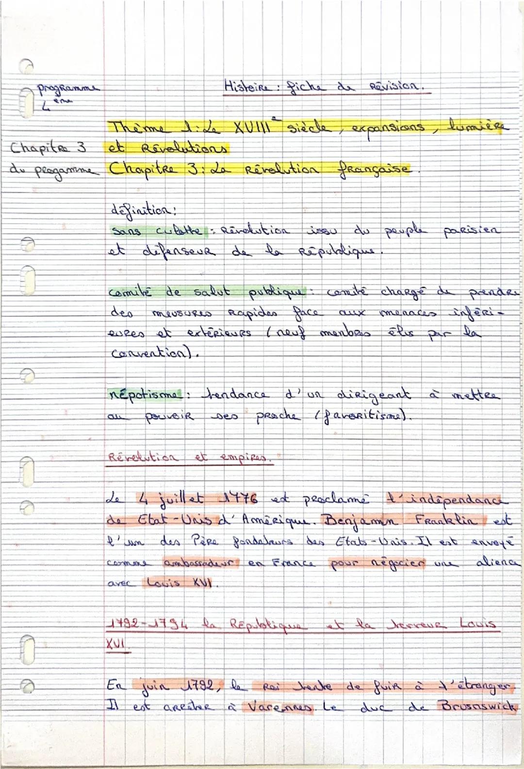 Programme
eme
Chapitre 3
Histoire fiche de Revision.
Thème 1: de XVIII siècle, expansions, lumière
et Revolutions.
du progamme Chapitre 3: L