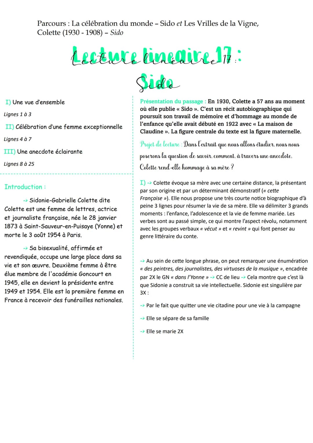 Parcours : La célébration du monde - Sido et Les Vrilles de la Vigne,
Colette (1930 - 1908) - Sido
Lecture lineaire.17:
Sida
I) Une vue d'en
