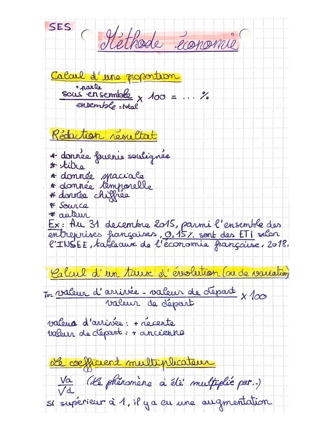 SES
Methode economie
Calcul d'une proportion
= partie
sous ensemble Лоа ... %
X
ensemble total
Redaction resultat
+ donnée fournie soulignée