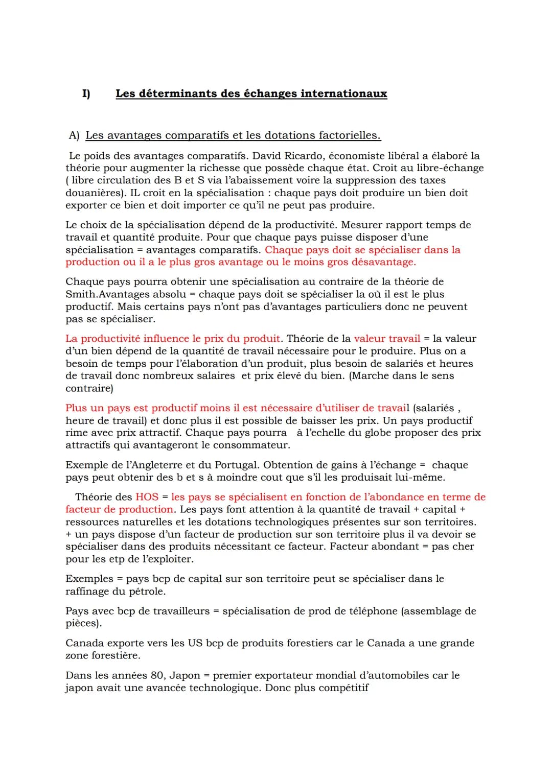 I) Les déterminants des échanges internationaux
A) Les avantages comparatifs et les dotations factorielles.
Le poids des avantages comparati