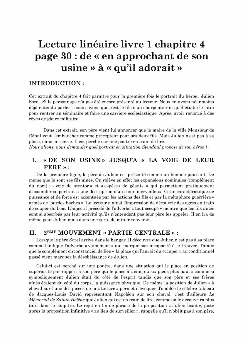 Extrait du chapitre IV :
« Un père un fils »
Le Rouge et le Noir, STENDHAL Lecture linéaire livre 1 chapitre 4
page 30 de « en approchant de