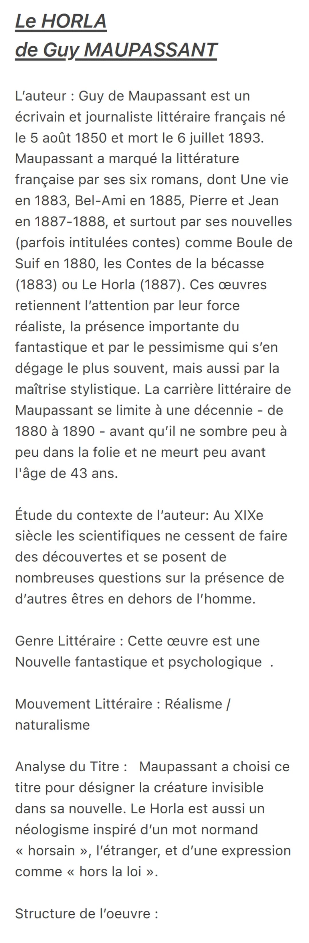 Le HORLA
de Guy MAUPASSANT
L'auteur : Guy de Maupassant est un
écrivain et journaliste littéraire français né
le 5 août 1850 et mort le 6 ju