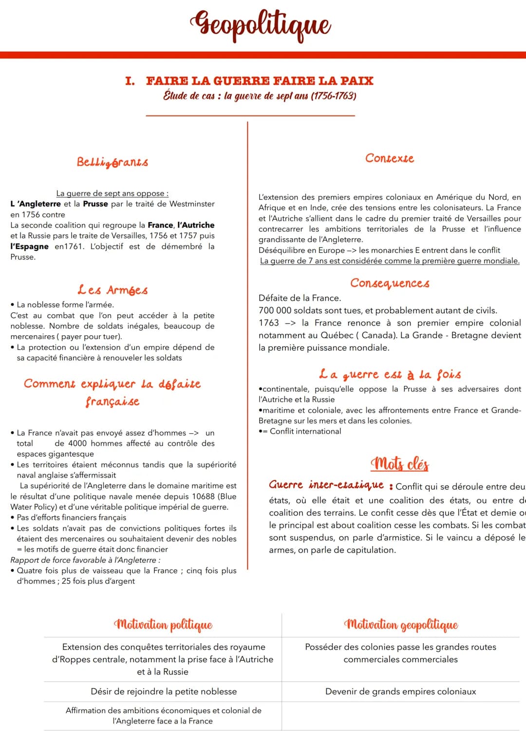 Geopolitique
I. FAIRE LA GUERRE FAIRE LA PAIX
Etude de cas: la guerre de sept ans (1756-1763)
Belligérants
La guerre de sept ans oppose :
L'