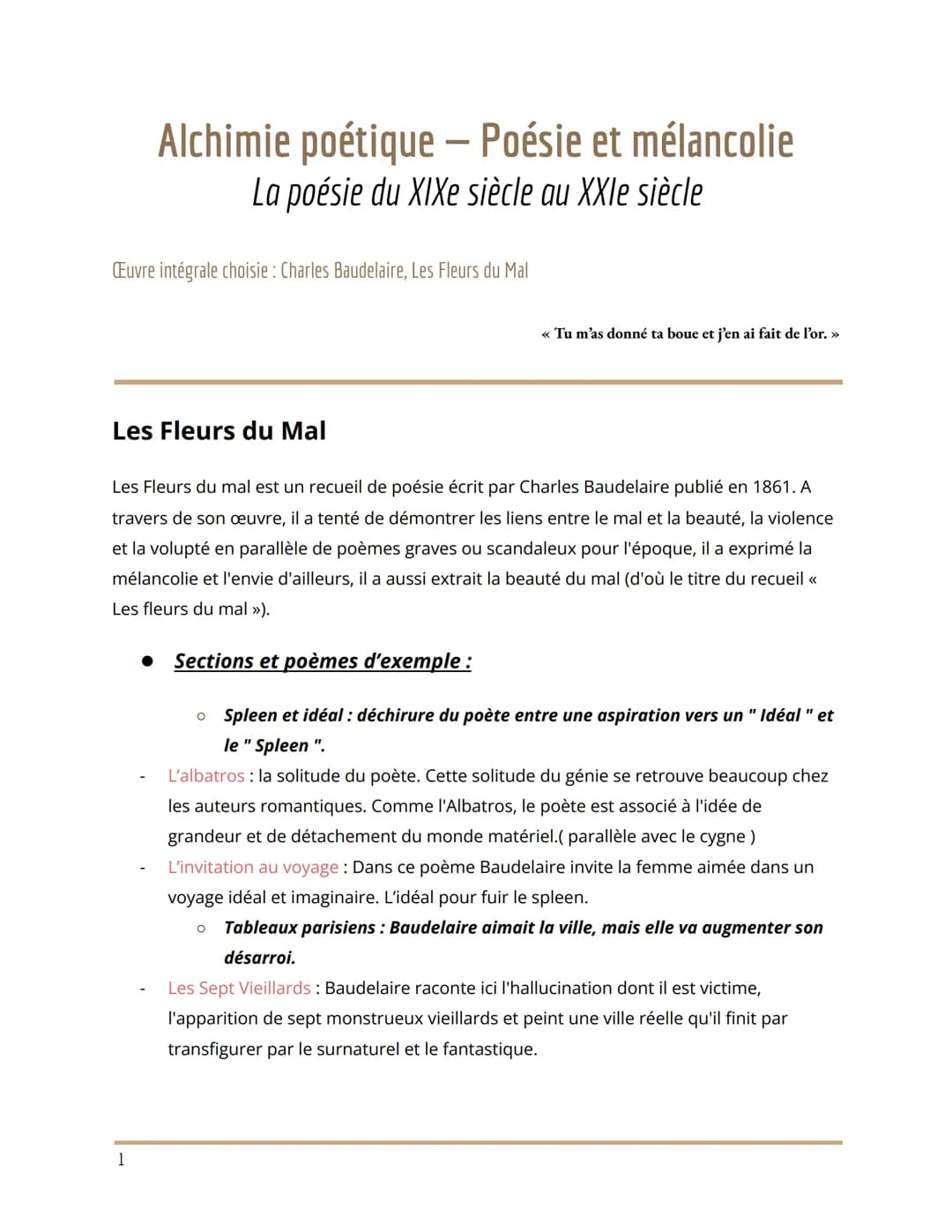 Alchimie poétique - Poésie et mélancolie
La poésie du XIXe siècle au XXIe siècle
Euvre intégrale choisie: Charles Baudelaire, Les Fleurs du 