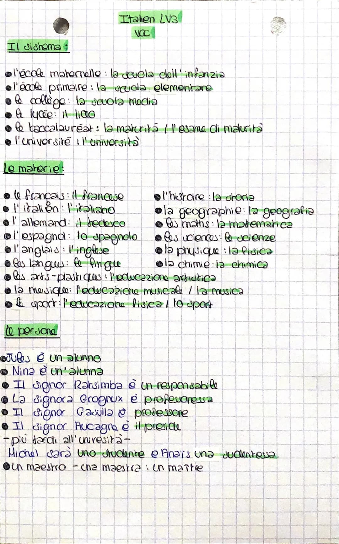 Il dishema
Italien LV3
VOC
Co
• l'école maternelle : la scuola dell'infanzia
l'écol primaire : la scuola elementare
le collège: la scuola me