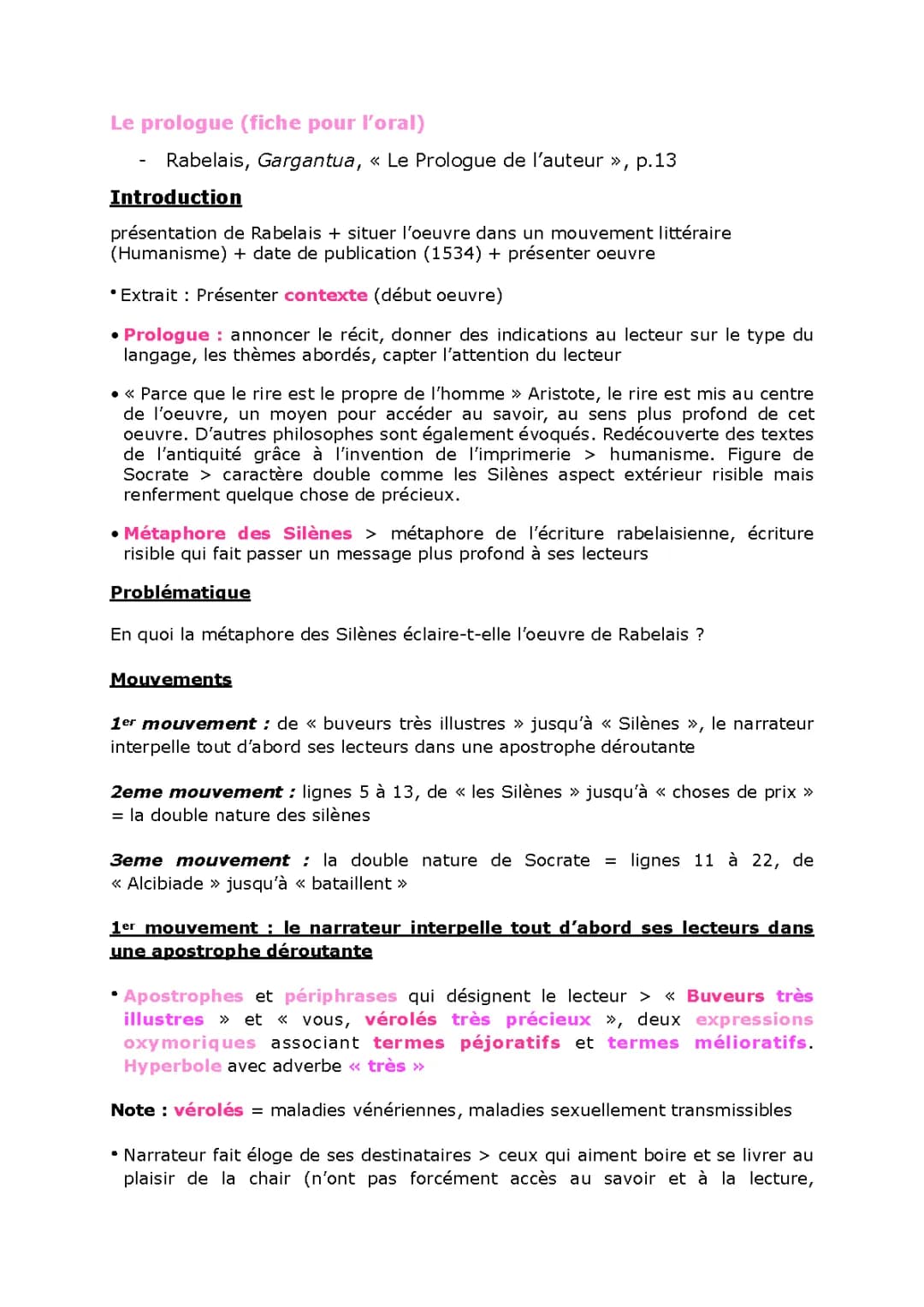 Analyse Linéaire du Prologue de Gargantua - Fiche pour l'Oral