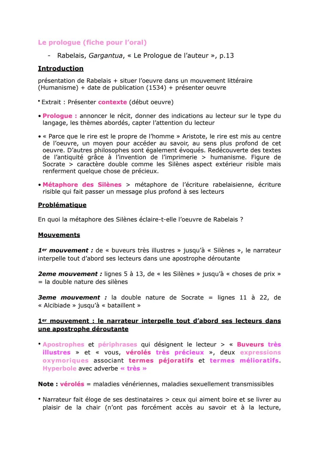 Le prologue (fiche pour l'oral)
Rabelais, Gargantua, « Le Prologue de l'auteur », p.13
Introduction
présentation de Rabelais + situer l'oeuv