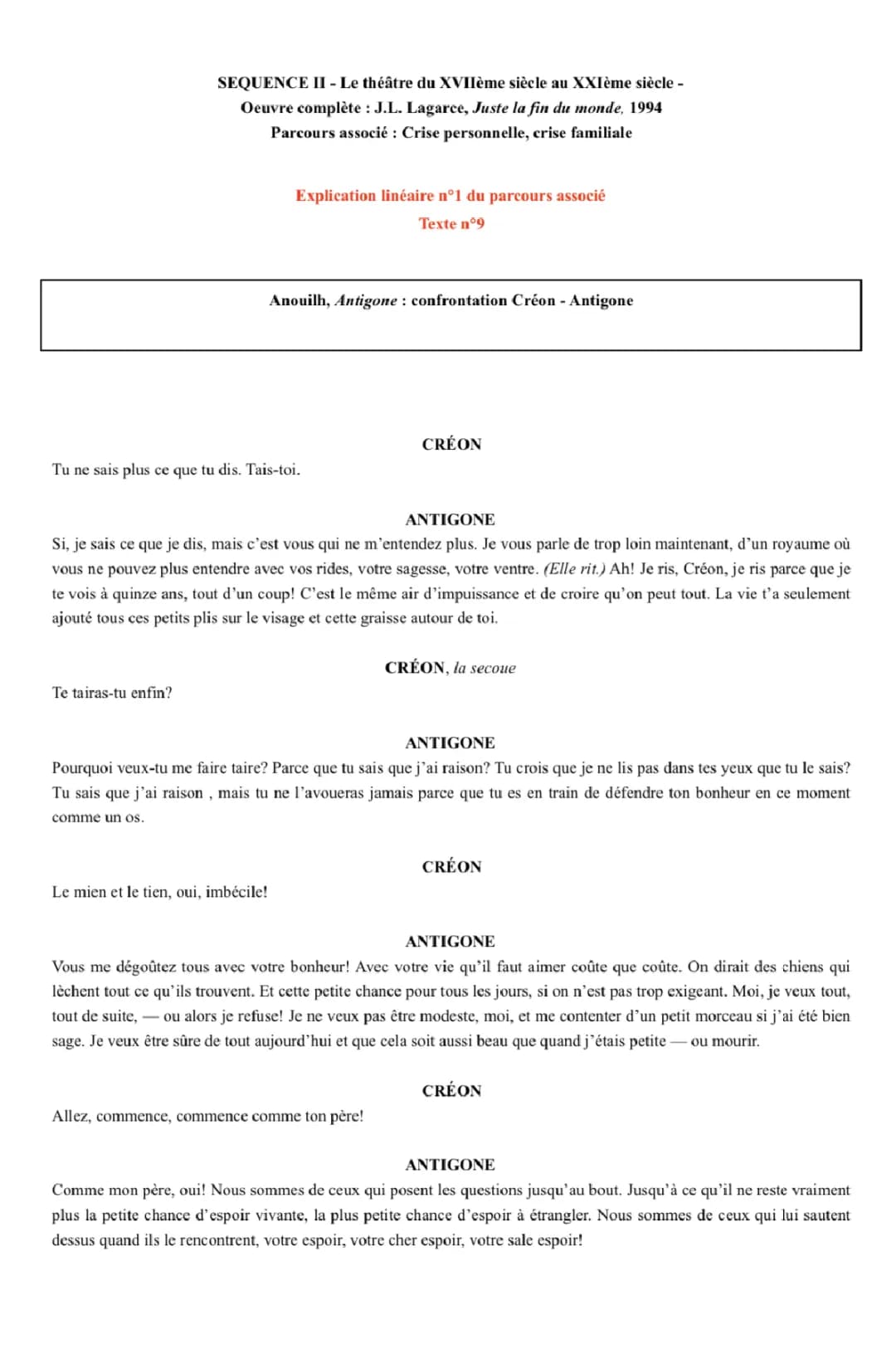 Explication linéaire de confrontation Creon Antigone » d’Anouilh
