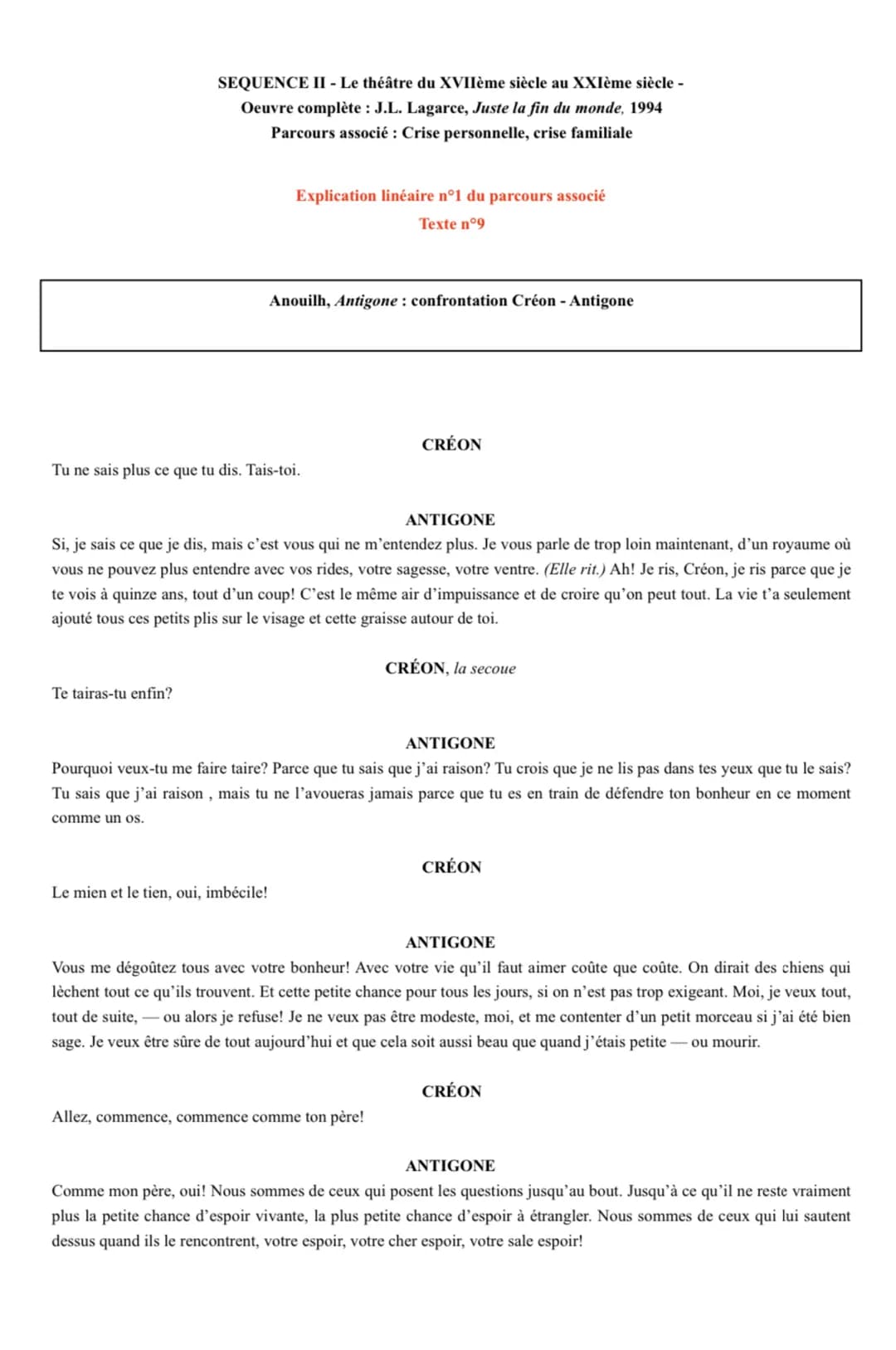SEQUENCE II - Le théâtre du XVIIème siècle au XXIème siècle -
Oeuvre complète : J.L. Lagarce, Juste la fin du monde, 1994
Parcours associé :