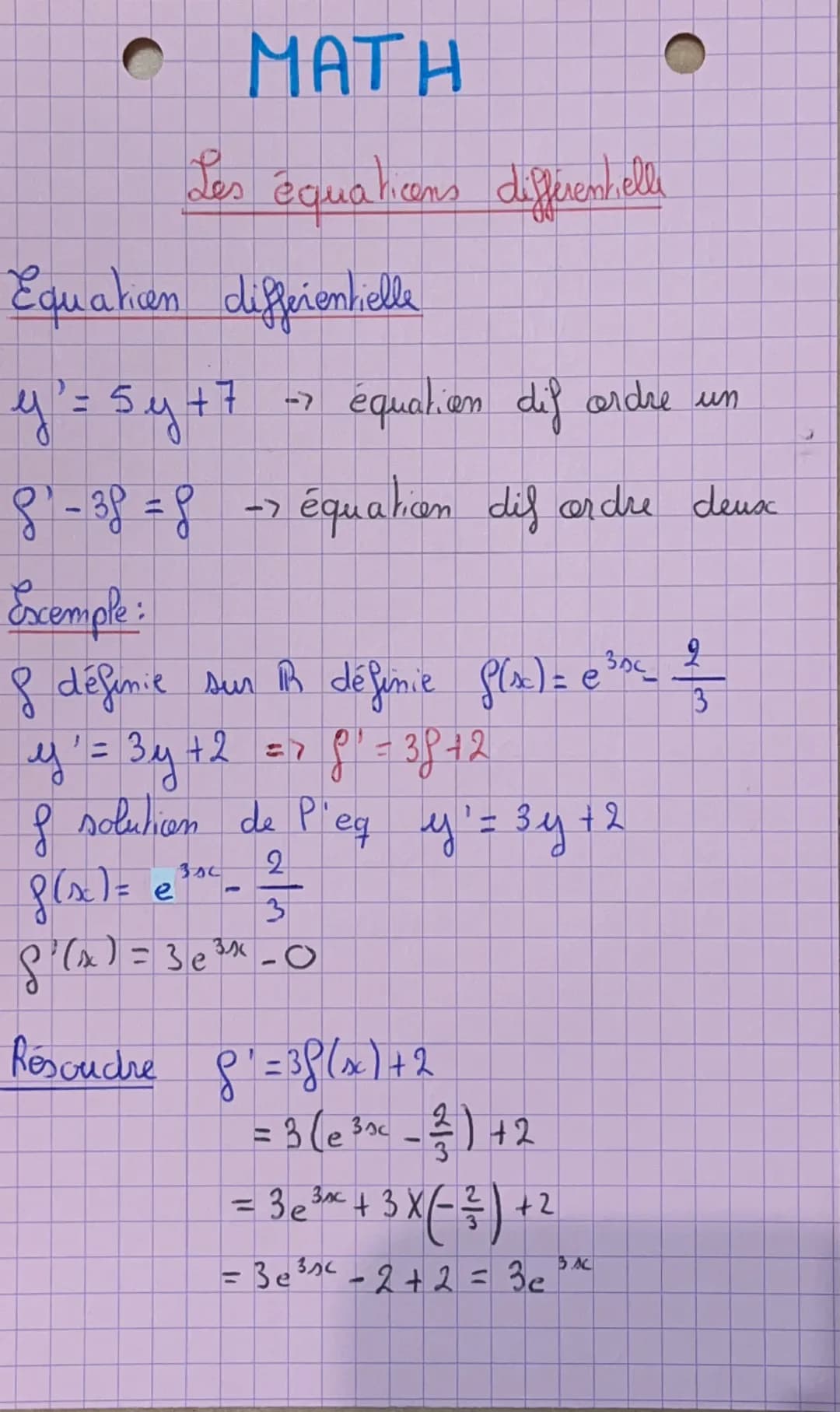 O
MATH
Les équations différentiell
Equaticen differentielle
y' = 5y + 7
->
équation dif ordre un
8' - 38 = 8
->
équation dif ordre deux
Exem