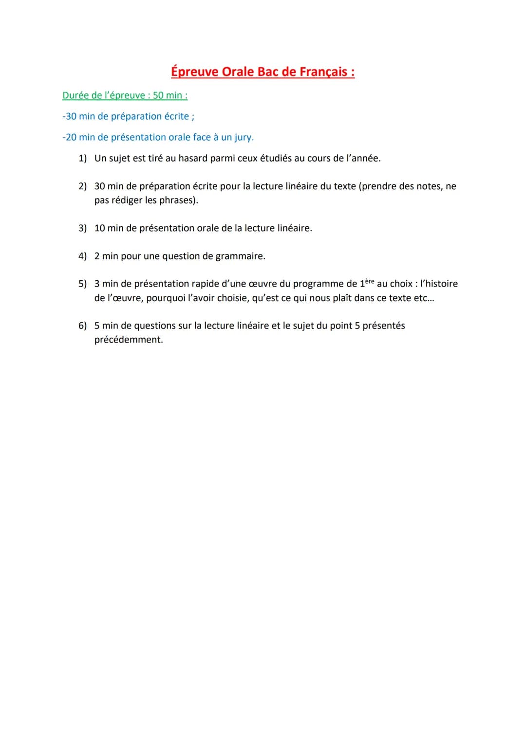 Épreuve Orale Bac de Français :
Durée de l'épreuve : 50 min :
-30 min de préparation écrite;
-20 min de présentation orale face à un jury.
1