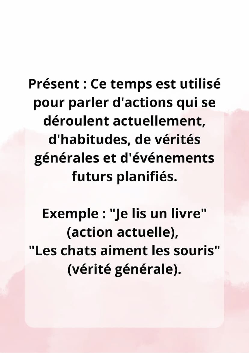 Les Valeurs de
Temps Présent : Ce temps est utilisé
pour parler d'actions qui se
déroulent actuellement,
d'habitudes, de vérités
générales e