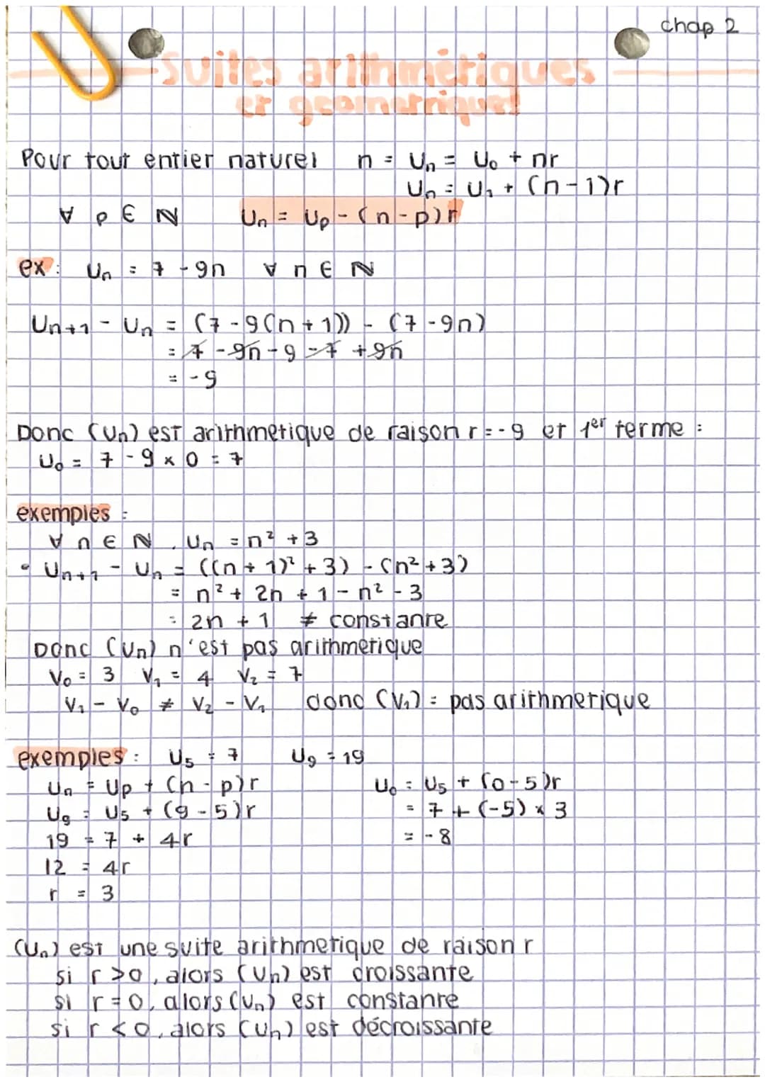 Pour tout entier naturel n = U₁₂ = U. + nr
VPEN
ex: Un = 7 - 9n VEN
Un+₁ - Un = (7-9(n+1))
= -9
Donc (Un) est anthmetique de raison r=-9 et 