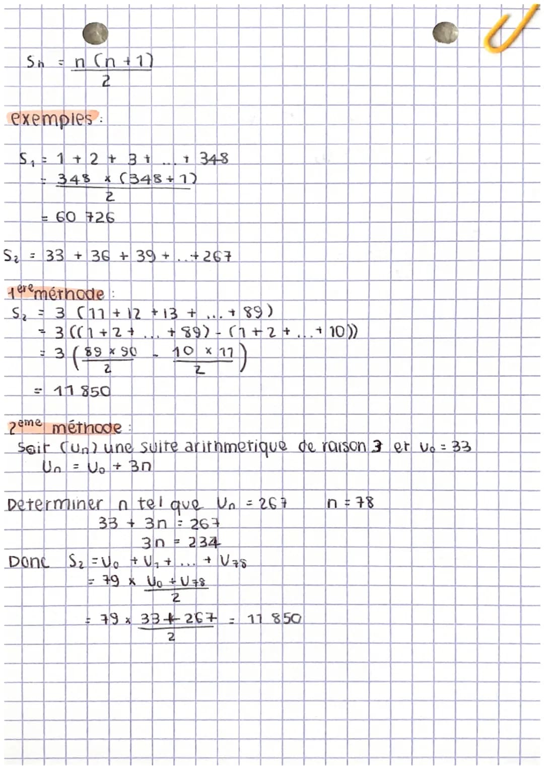 Pour tout entier naturel n = U₁₂ = U. + nr
VPEN
ex: Un = 7 - 9n VEN
Un+₁ - Un = (7-9(n+1))
= -9
Donc (Un) est anthmetique de raison r=-9 et 