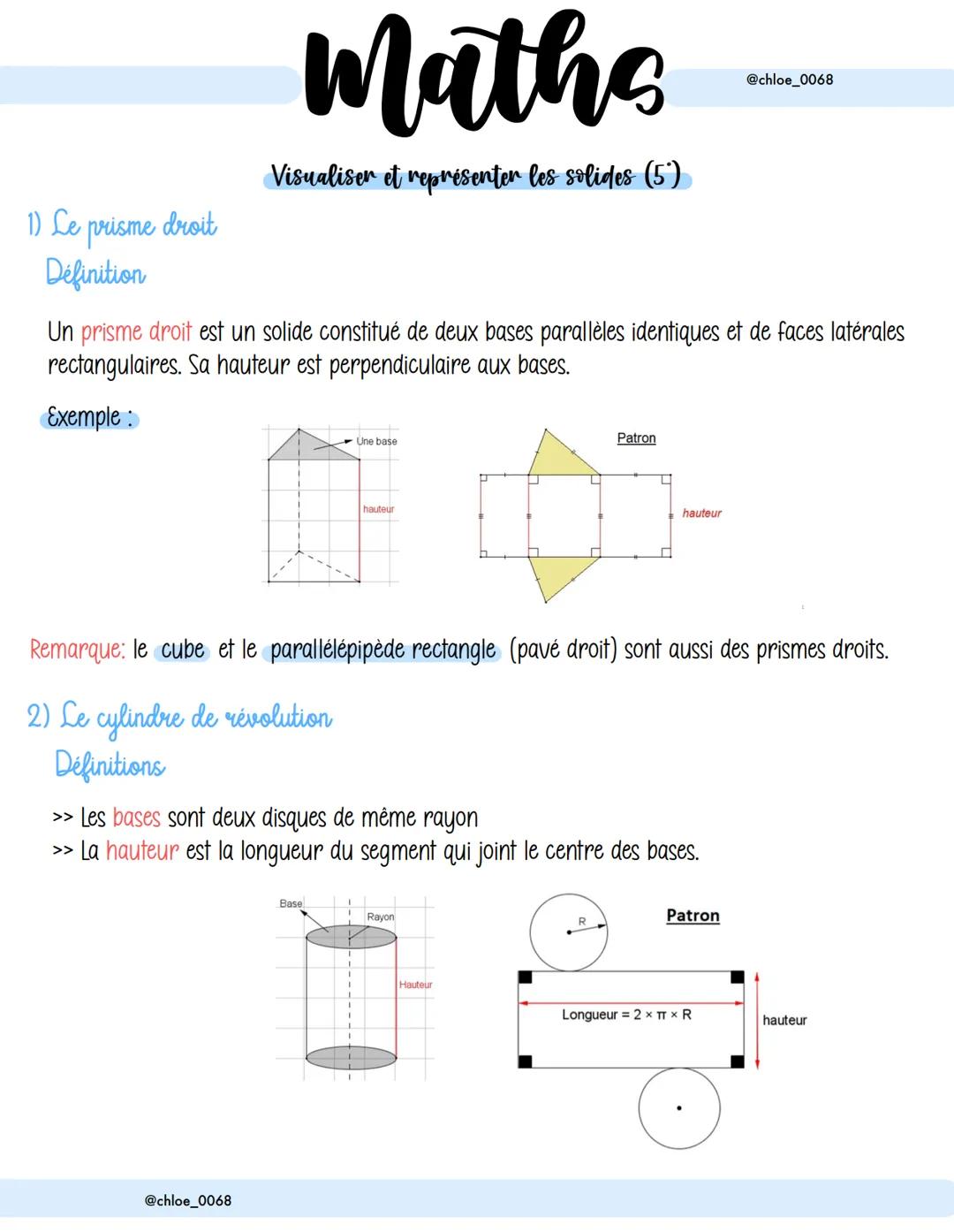 1) Le prisme droit
Définition
Maths
Visualiser et représenter les solides (5)
Un prisme droit est un solide constitué de deux bases parallèl