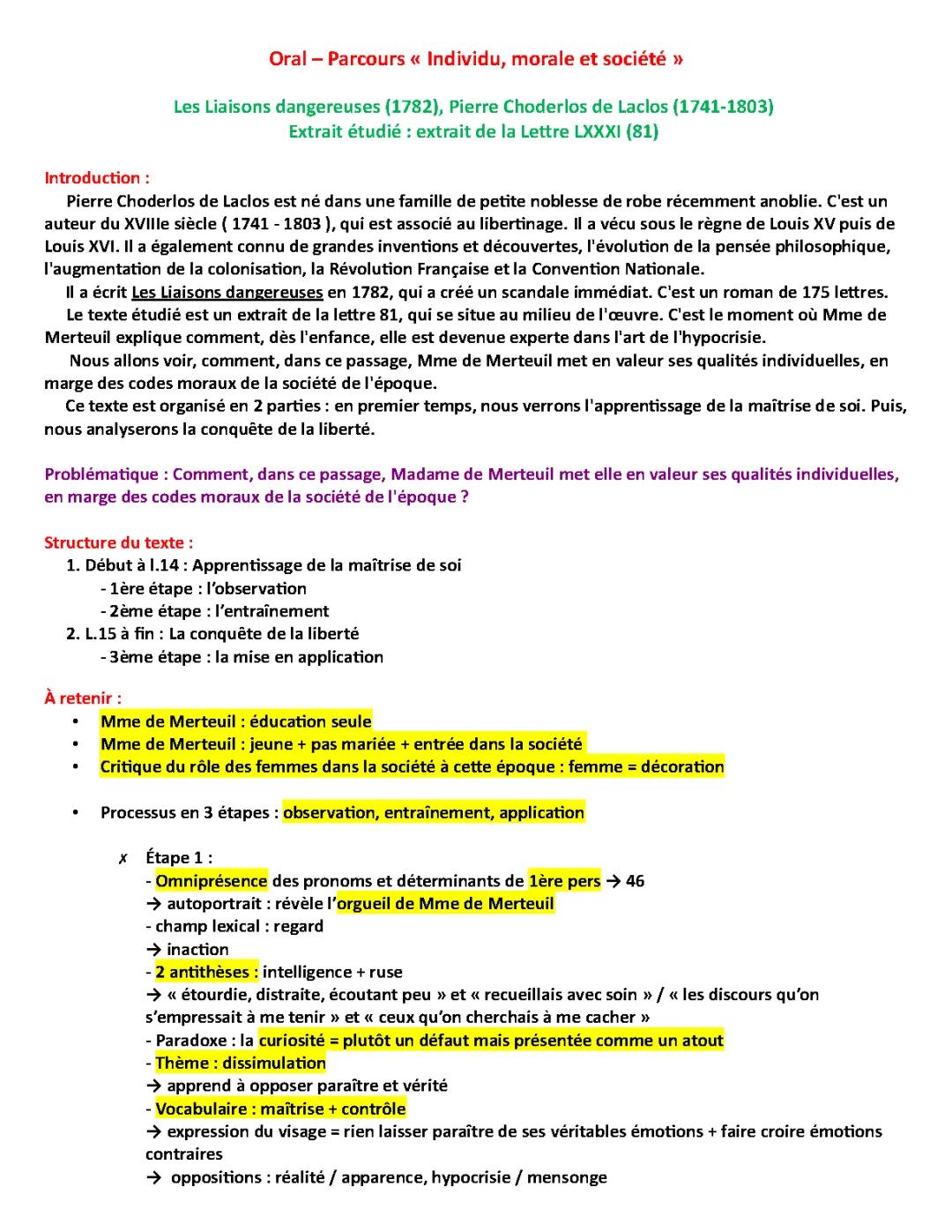 Analyse linéaire La Marquise de Merteuil au Vicomte de Valmont - Les Liaisons dangereuses Lettre 81 et Lettre 48