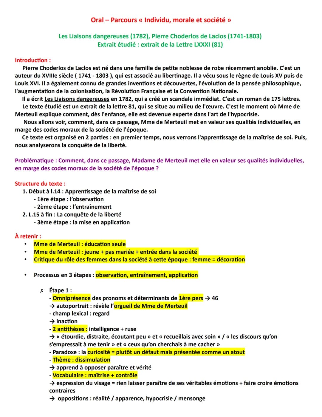 Oral - Parcours « Individu, morale et société >>
Les Liaisons dangereuses (1782), Pierre Choderlos de Laclos (1741-1803)
Extrait étudié : ex