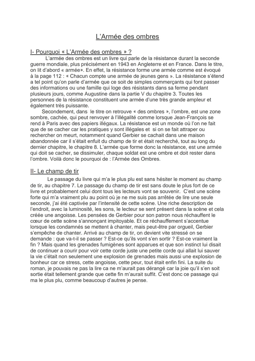 L'Armée des ombres
1- Pourquoi « L'Armée des ombres >> ?
L'armée des ombres est un livre qui parle de la résistance durant la seconde
guerre