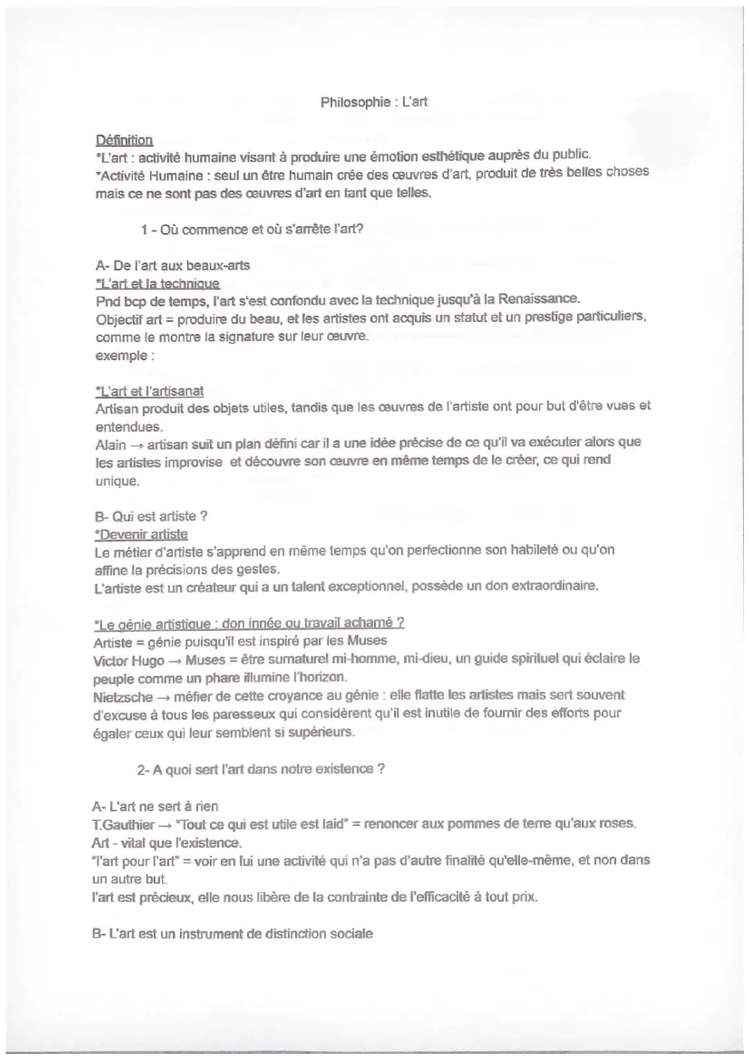 Philosophie : L'art
Définition
*L'art : activité humaine visant à produire une émotion esthétique auprès du public.
*Activité Humaine : seul