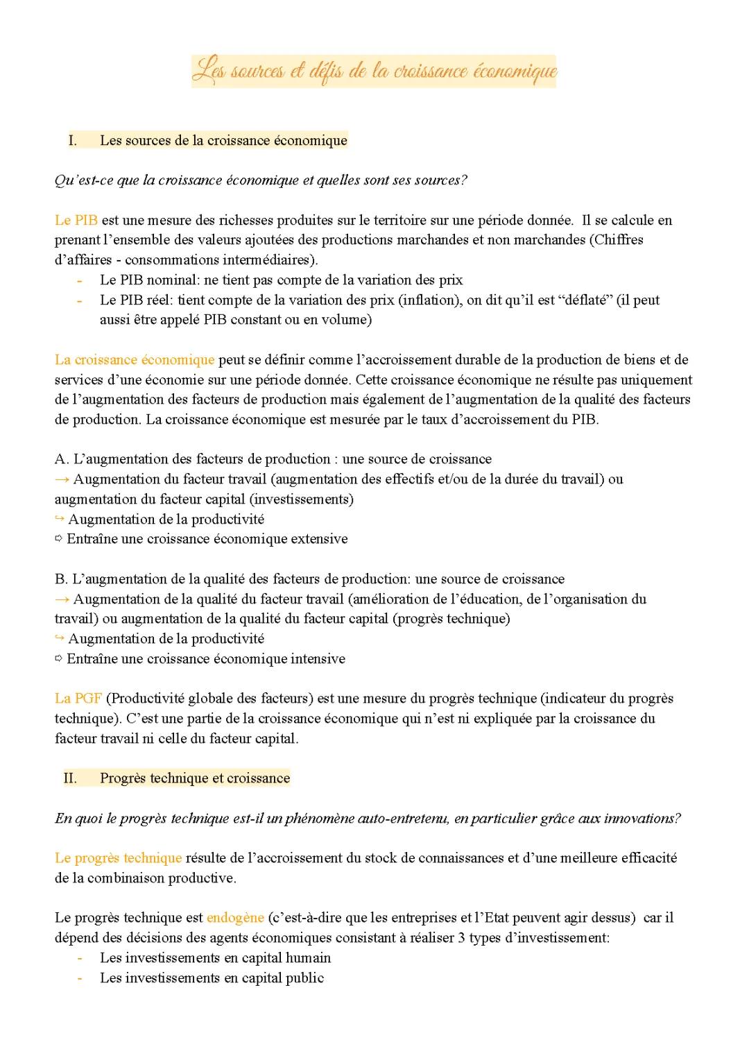 Fiche Révision : Croissance Économique Terminale - Cours PDF