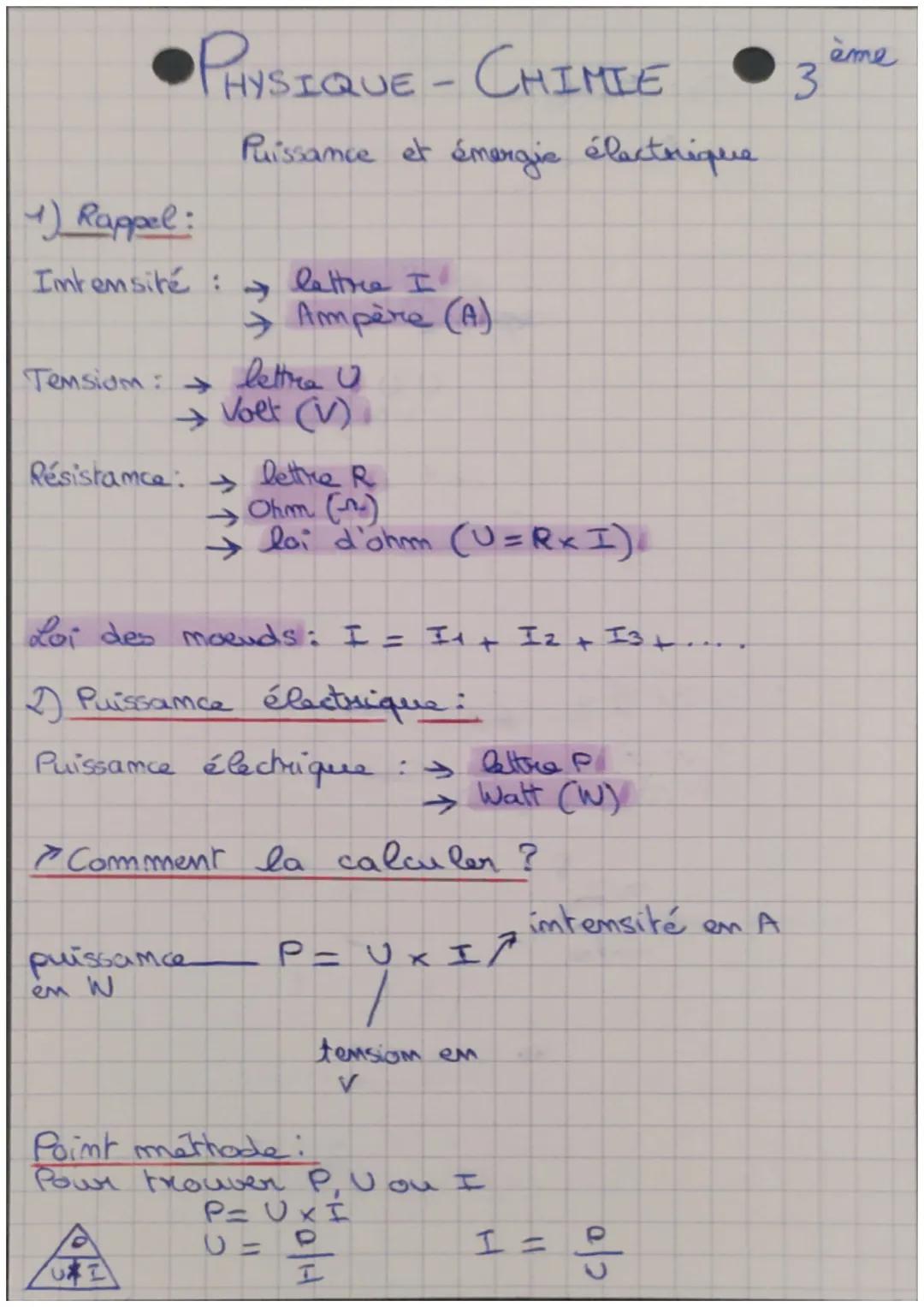4) Rappel:
Intensité :
Tension:
Résistance:
PHYSIQUE-CHIMIE
Puissance et émergie électrique
lettre U
→ Volt (V).
puissance
en W
lettre I
→ A