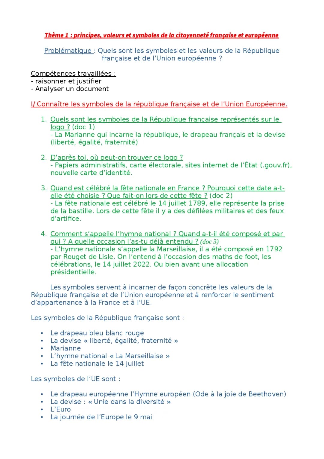 Principes, valeurs et symboles de la citoyenneté française et européenne
