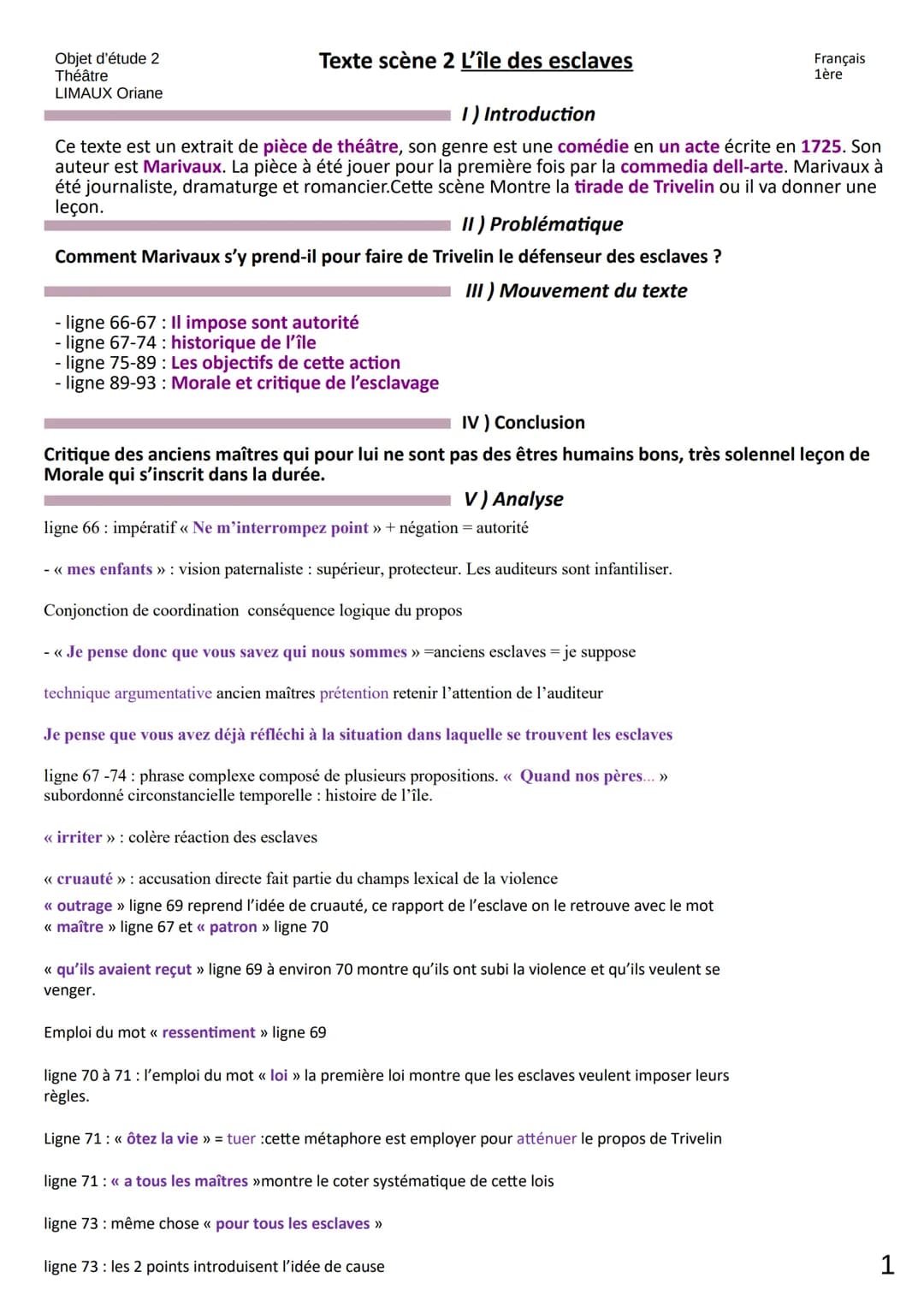Objet d'étude 2
Théâtre
LIMAUX Oriane
Texte scène 2 L'île des esclaves
1) Introduction
Ce texte est un extrait de pièce de théâtre, son genr