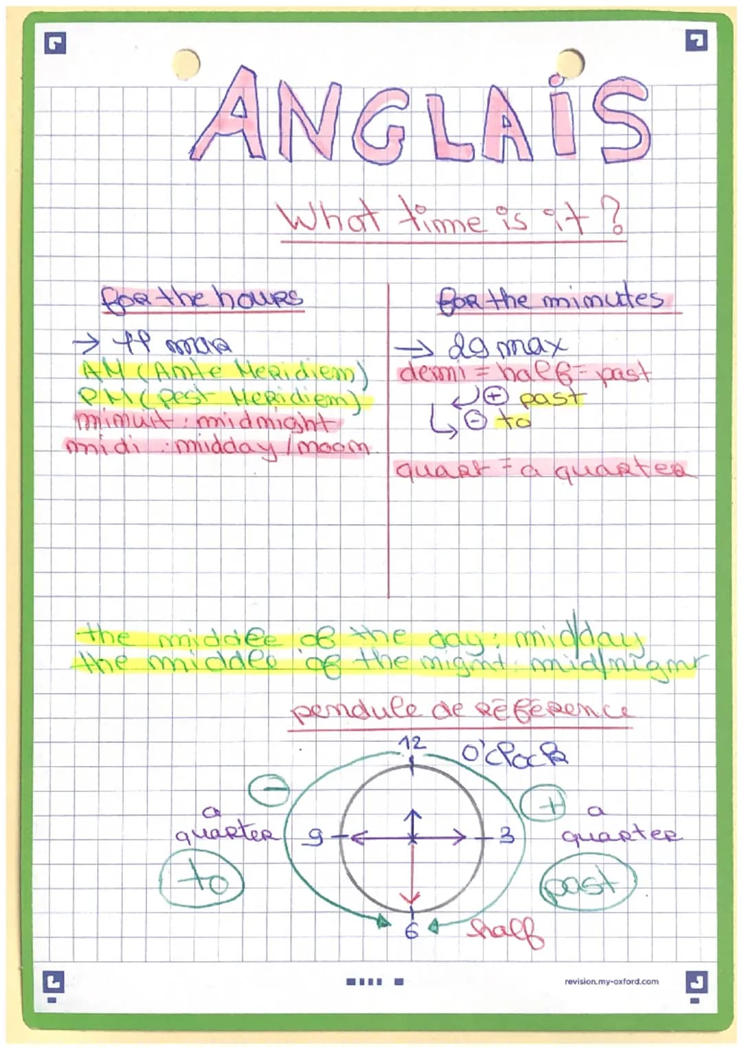 ANGLAIS
What time is it?
for the hours
> Il mare
AM (AMHe Meridiem)
PM(Pest Meridiem)
mimuit: midnight
midi midday /moom.
for the minutes
- 