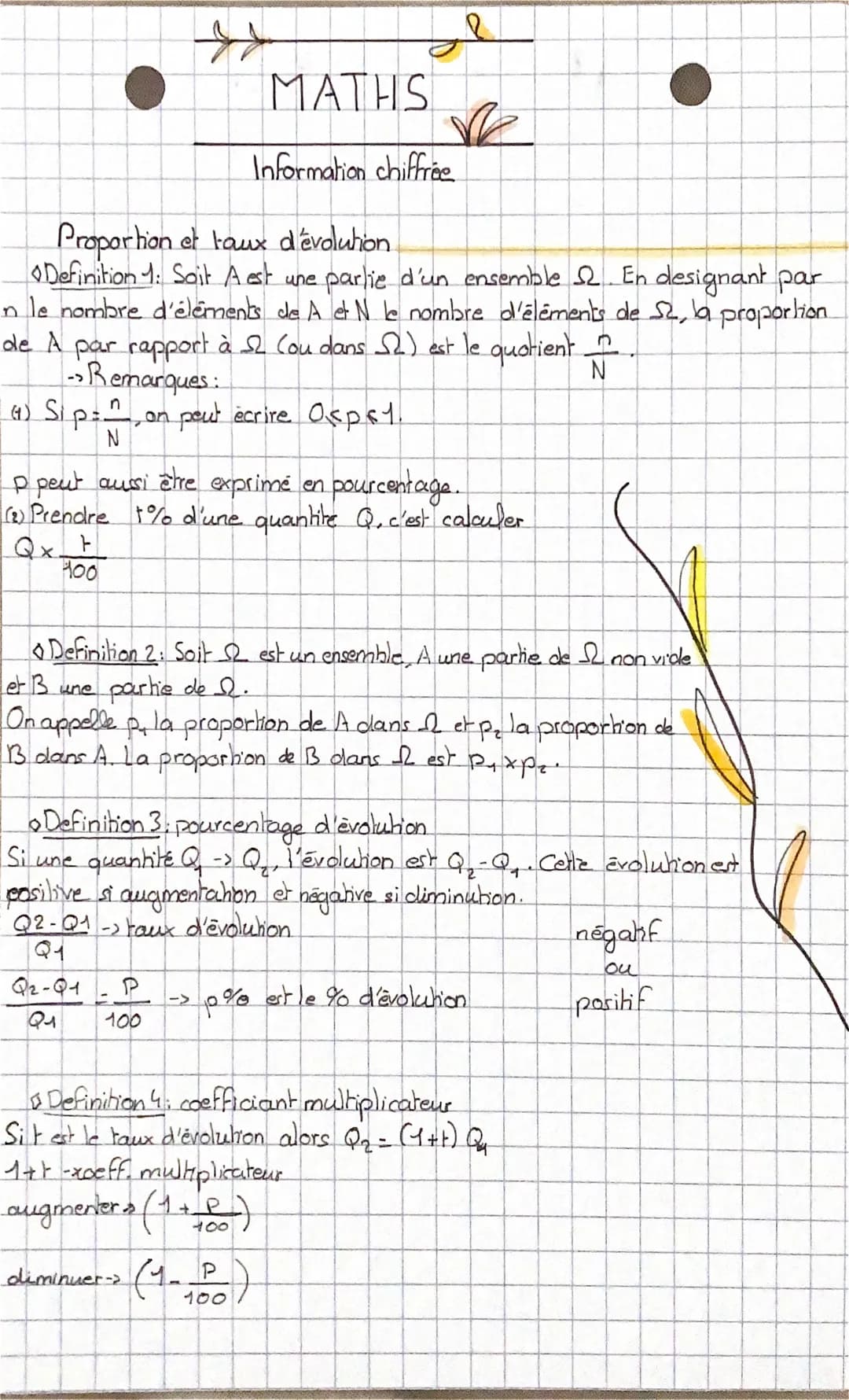 ←
MATHS
Information chiffrée
Proportion et taux d'évolution.
Definition 1: Soit A est une partie d'un ensemble. En designant par
n le nombre