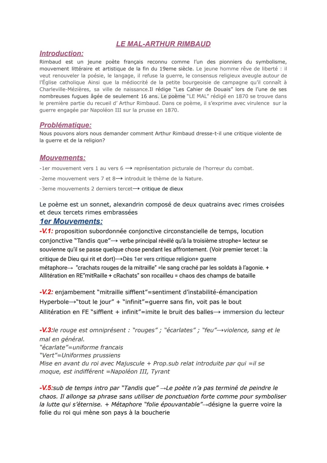 Analyse linéaire Le Mal de Arthur Rimbaud