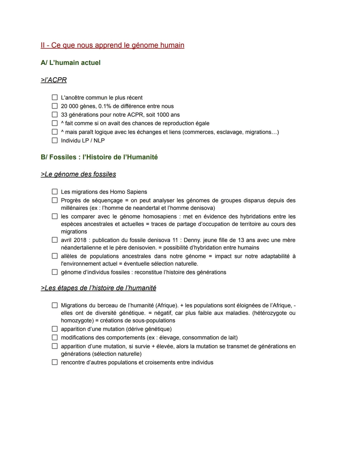 SVT Fiche de révision
Chapitre 3: L'histoire humaine lue dans son génome
>Définitions:
000
génome ensemble des chromosomes et gènes
☐ gène :