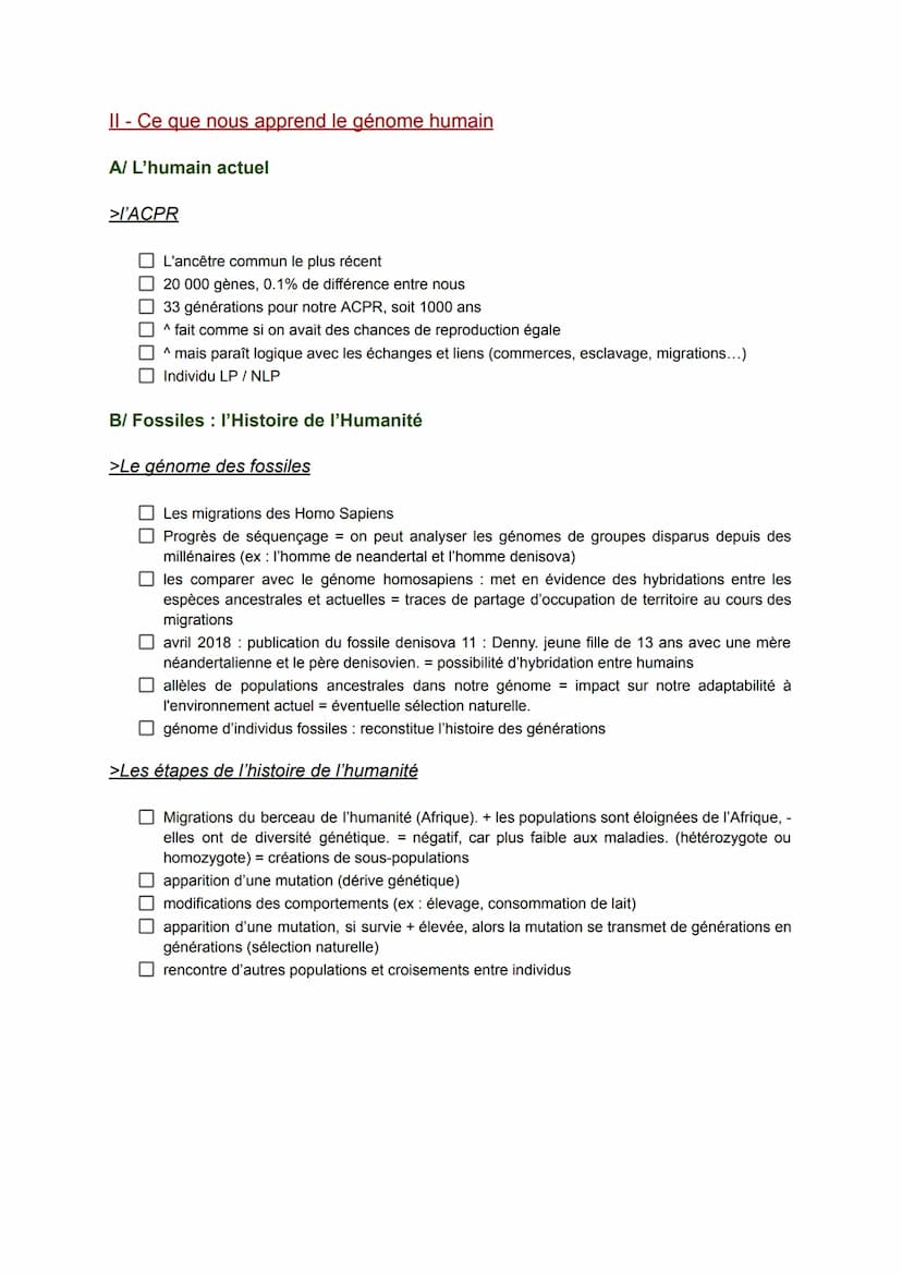 SVT Fiche de révision
Chapitre 3: L'histoire humaine lue dans son génome
>Définitions:
000
génome ensemble des chromosomes et gènes
☐ gène :