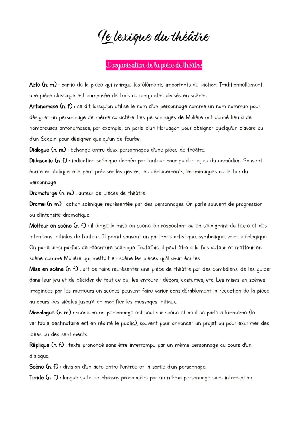 Le lexique du théâtre
L'organisation de la pièce de théâtre
Acte (n. m) : partie de la pièce qui marque les éléments importants de l'action.