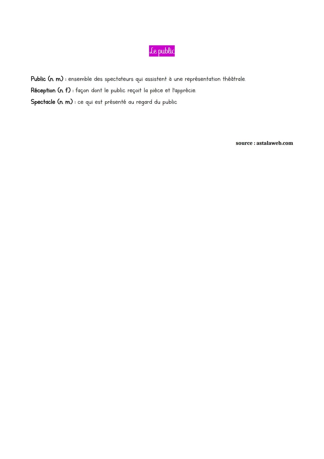 Le lexique du théâtre
L'organisation de la pièce de théâtre
Acte (n. m) : partie de la pièce qui marque les éléments importants de l'action.