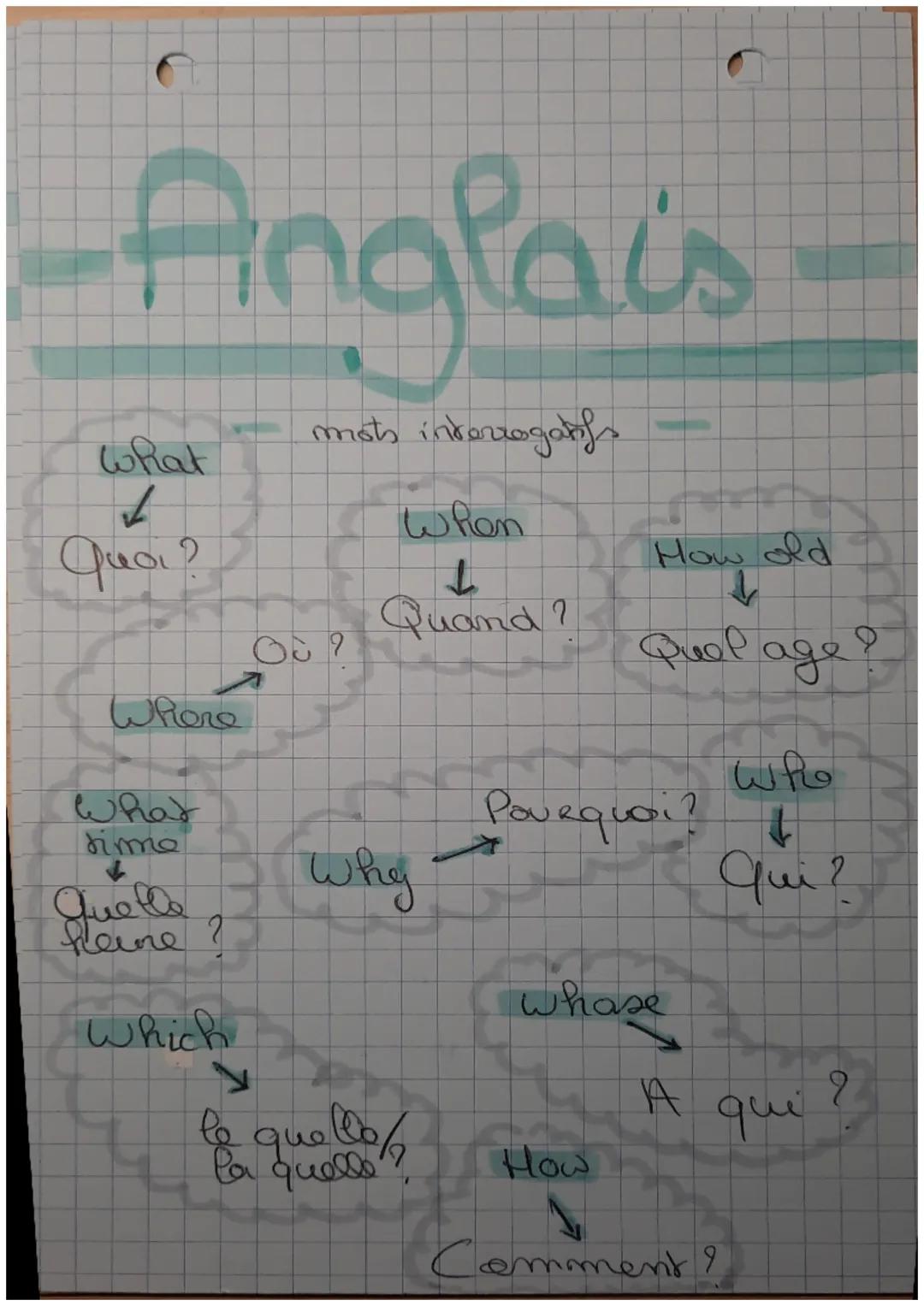 Anglais
mots interrogatifs
When
من
How
How old
What
quoi ?
↓
Quand ?
Quel age
Where
who
What
time
Pourquoi ? +
Quelle
Why
qui ?
fleine?
whos