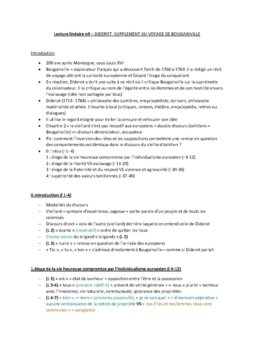 Analyse linéaire du chapitre 2 du Supplément au voyage de Bougainville par Diderot