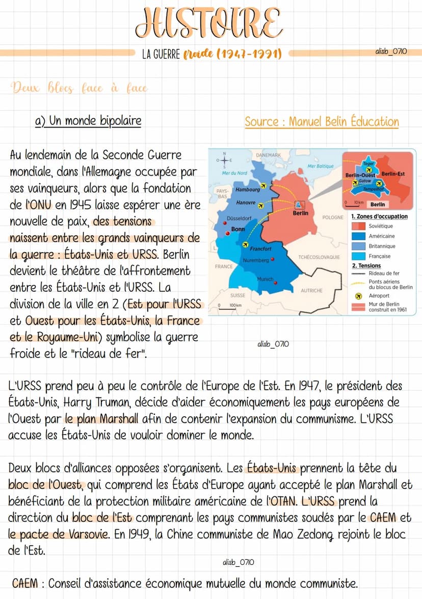 Guerre froide: période de tension allant de 1947 à 1989 entre le bloc de l'Ouest
et le bloc de l'Est, mais sans conflit armé direct entre le