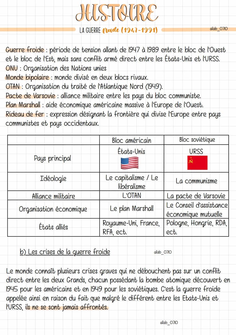 Guerre froide: période de tension allant de 1947 à 1989 entre le bloc de l'Ouest
et le bloc de l'Est, mais sans conflit armé direct entre le