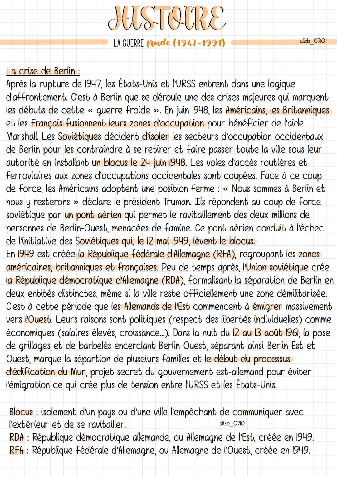 Guerre froide: période de tension allant de 1947 à 1989 entre le bloc de l'Ouest
et le bloc de l'Est, mais sans conflit armé direct entre le