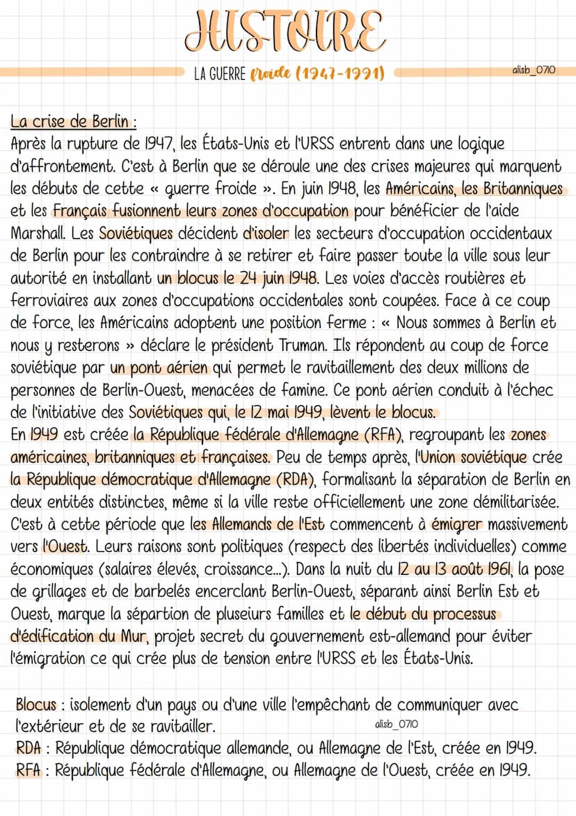 Guerre froide: période de tension allant de 1947 à 1989 entre le bloc de l'Ouest
et le bloc de l'Est, mais sans conflit armé direct entre le