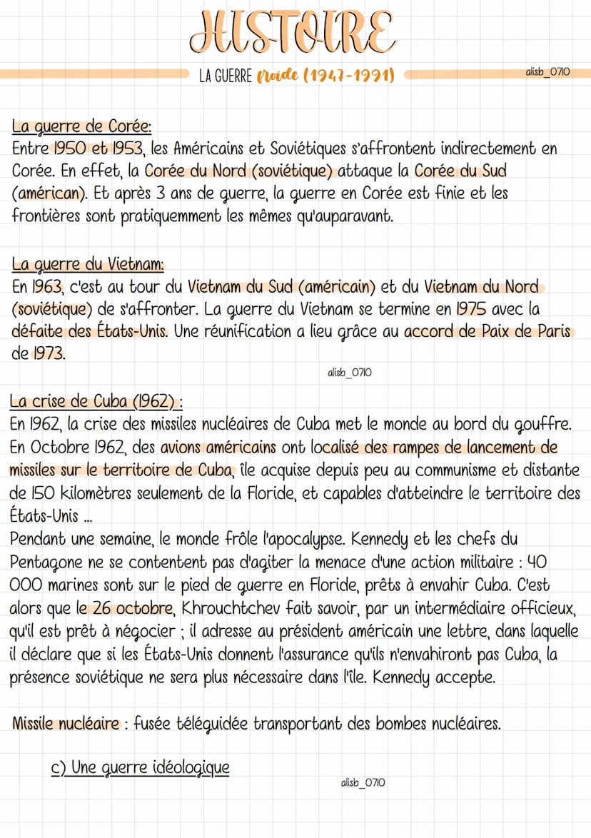 Guerre froide: période de tension allant de 1947 à 1989 entre le bloc de l'Ouest
et le bloc de l'Est, mais sans conflit armé direct entre le