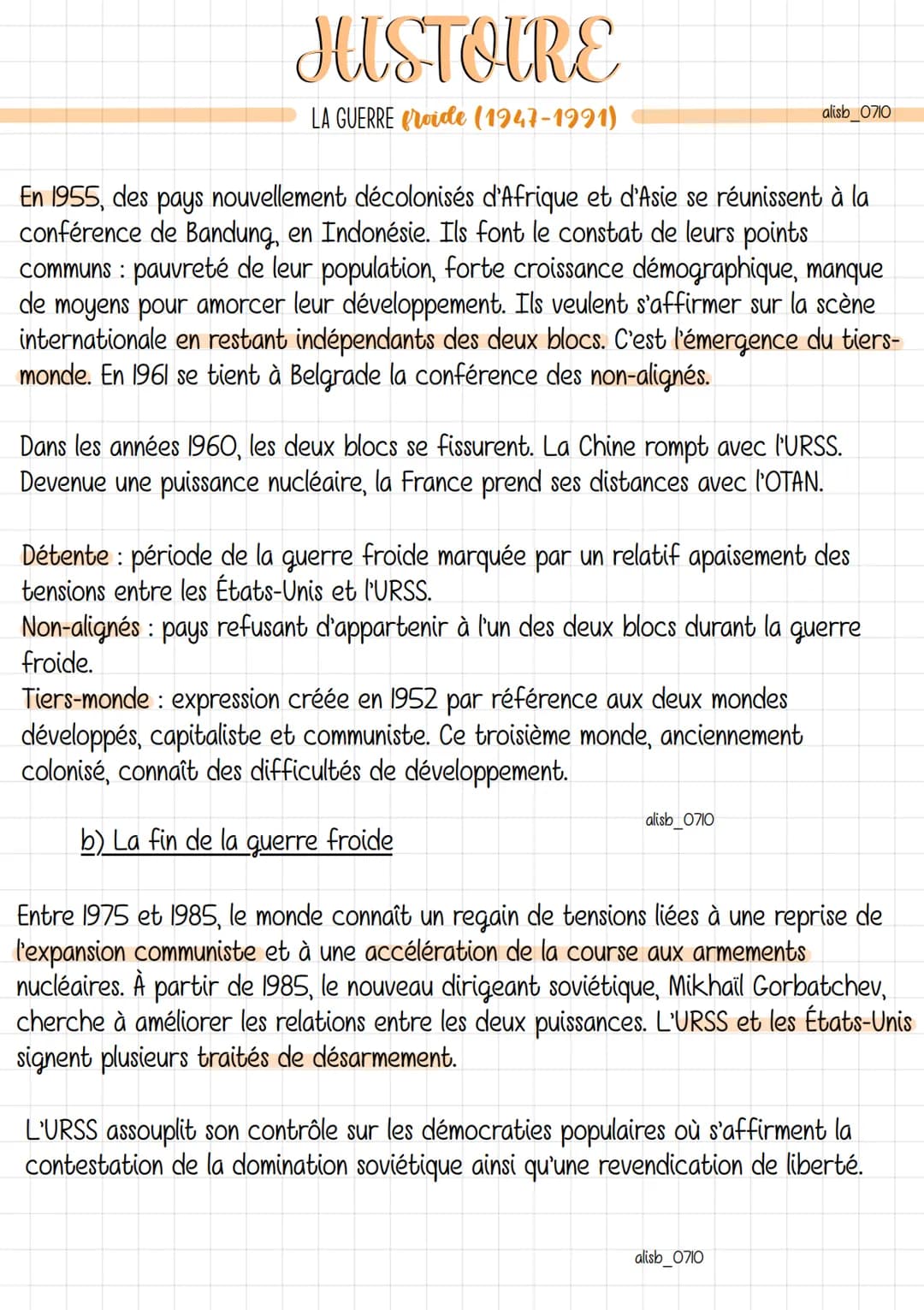 Guerre froide: période de tension allant de 1947 à 1989 entre le bloc de l'Ouest
et le bloc de l'Est, mais sans conflit armé direct entre le