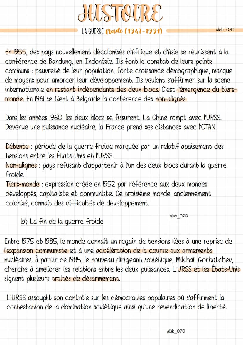 Guerre froide: période de tension allant de 1947 à 1989 entre le bloc de l'Ouest
et le bloc de l'Est, mais sans conflit armé direct entre le
