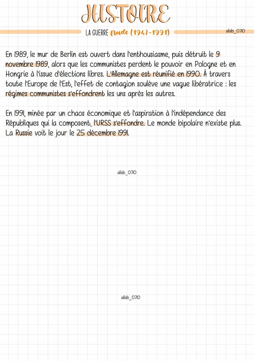 Guerre froide: période de tension allant de 1947 à 1989 entre le bloc de l'Ouest
et le bloc de l'Est, mais sans conflit armé direct entre le