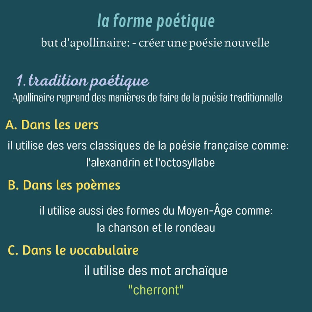 cours de
dissertation
Alcools La forme poétique
Tradition
Moderne la forme poétique
but d'apollinaire: - créer une poésie nouvelle
1. tradit