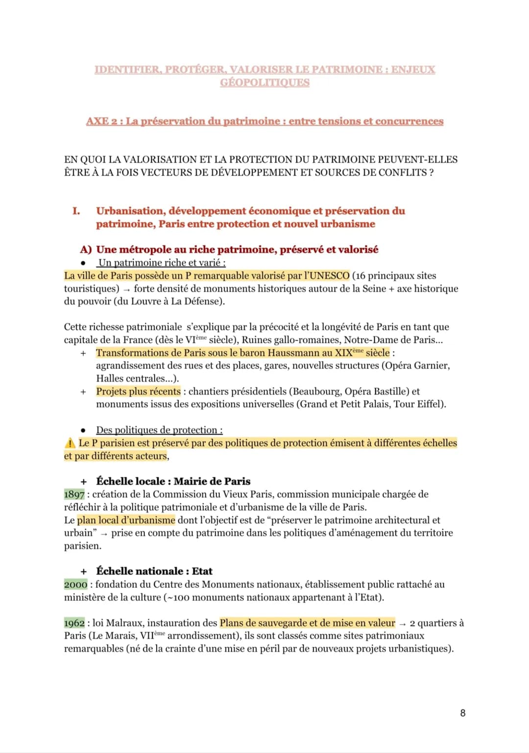 IDENTIFIER, PROTÉGER, VALORISER LE PATRIMOINE : ENJEUX
GÉOPOLITIQUES
I.
AXE 2 : La préservation du patrimoine : entre tensions et concurrenc