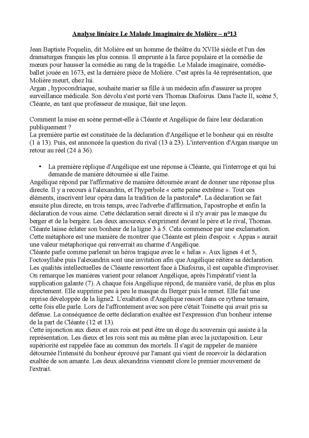 Analyse linéaire Acte 2 scène 5 Le Malade imaginaire Cléante et Angélique