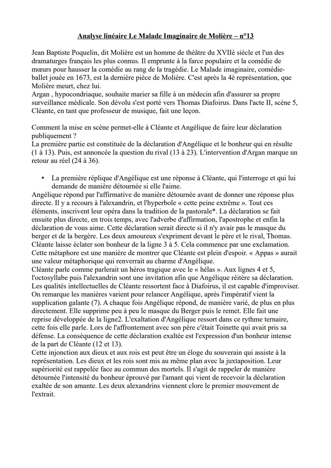 Analyse linéaire Le Malade Imaginaire de Molière - n°13
Jean Baptiste Poquelin, dit Molière est un homme de théâtre du XVIIè siècle et l'un 