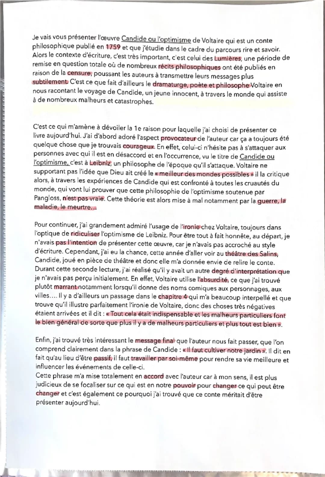 Je vais vous présenter l'oeuvre Candide ou l'optimisme de Voltaire qui est un conte
philosophique publié en 1759 et que j'étudie dans le cad