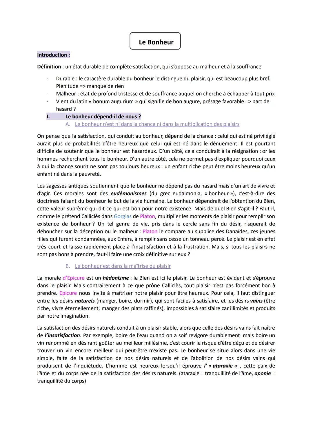 Le Bonheur
Introduction :
Définition : un état durable de complète satisfaction, qui s'oppose au malheur et à la souffrance
Durable : le car